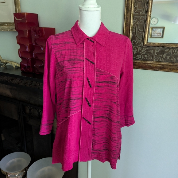 Ali Miles Top Womens PM Pink Print Mixed Panel Button Up Tunic 3/4Sleeve Art 125 - Picture 1 of 11